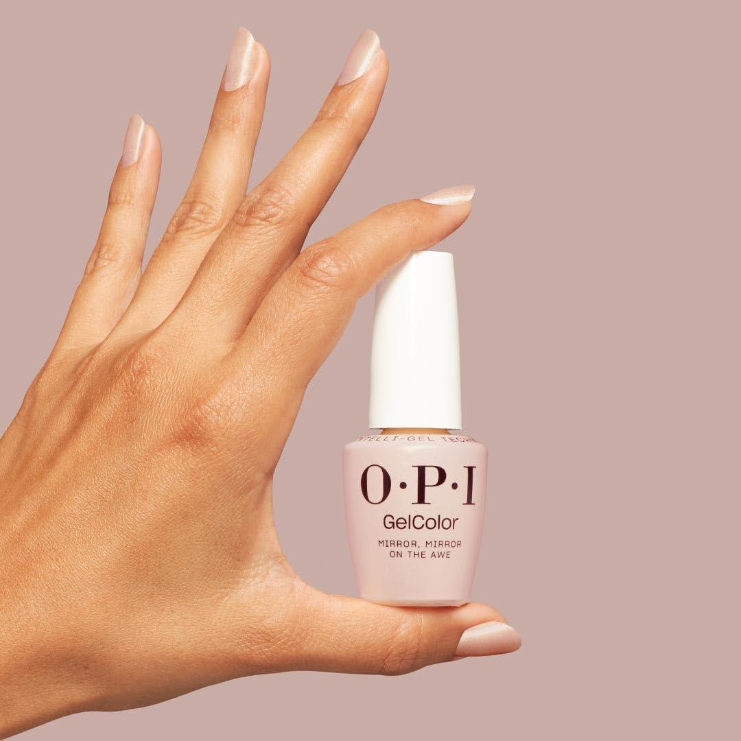 imageOPI GelColor LED Cure Gel Nail Polish Nude amp Brown Shades SalonQuality Shine LongLasting Wear Easily Soak Off Removal Vegan amp HEMA Free 05 Fl OzMirror Mirror on the Awe SemiSheer Pastel Peach with Gold Shimmer