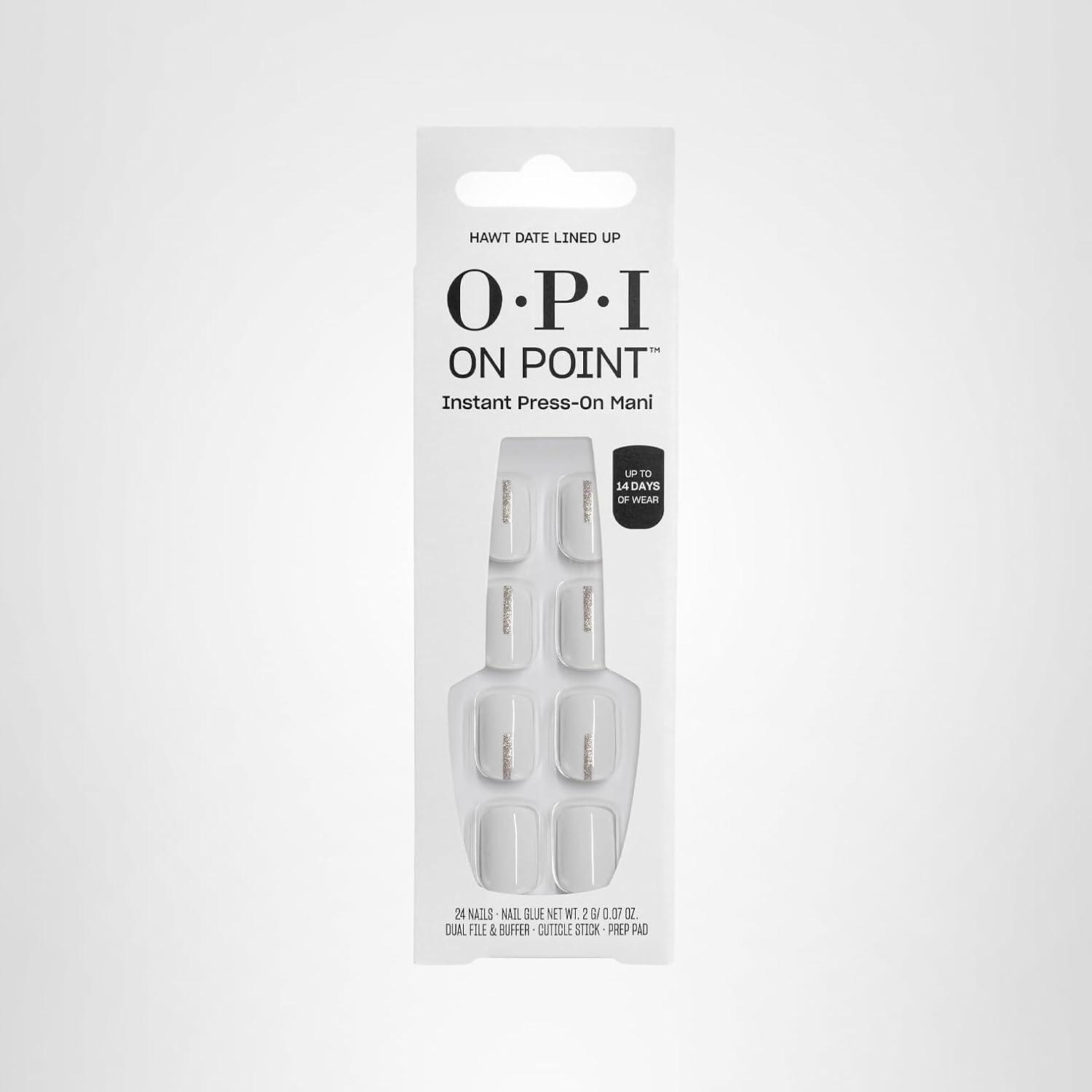 imageOPI On Point Press On Nails Short Round Classic amp Accent Nail Art Press On Nails 24 Count With Nail Glue Instant PressOn Mani Long Lasting Reusable NondamagingHawt Date Lined Up White with Silver Shimmer