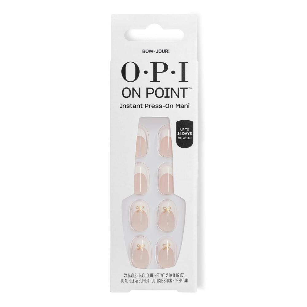 imageOPI On Point Press On Nails Short Round Classic amp Accent Nail Art Press On Nails 24 Count With Nail Glue Instant PressOn Mani Long Lasting Reusable NondamagingBowjour Nude White French Tip with Gold Bow Design Nail Art