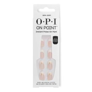OPI On Point Press On Nails | Short Round Classic & Accent Nail Art Press On Nails | 24 Count With Nail Glue | Instant Press-On Mani | Long Lasting, Reusable, Non-damaging(Bow-jour! | Nude & White French Tip with Gold Bow Design Nail Art)