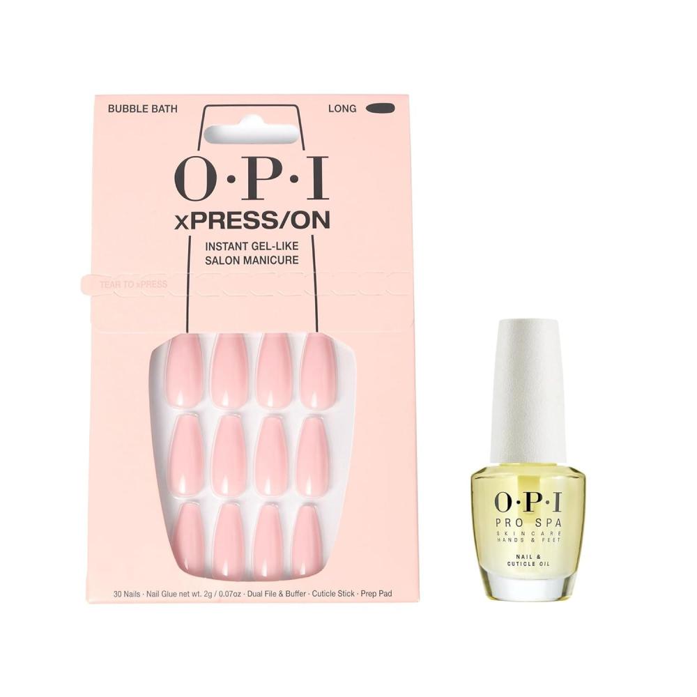 imageBundle of OPI xPressOn Press On Nails With Nail Glue Long Neutral Coffin Shape Nails Bubble Bath  OPI ProSpa Nail and Cuticle Oil 05 fl oz