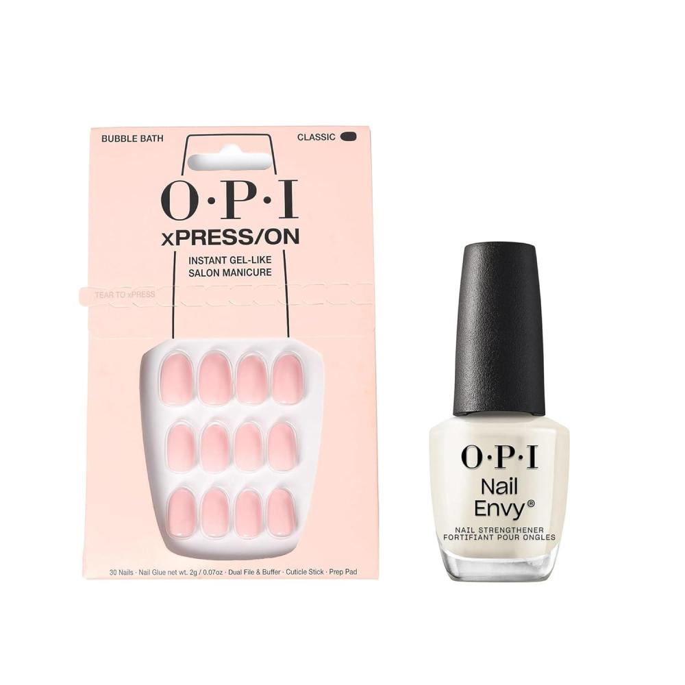 imageBundle of OPI xPressOn Press On Nails With Nail Glue Short Neutral Nails Bubble Bath  OPI Nail Envy Nail Strengthening Treatment Stronger Nails in 1 Week Vegan Formula 05 fl oz