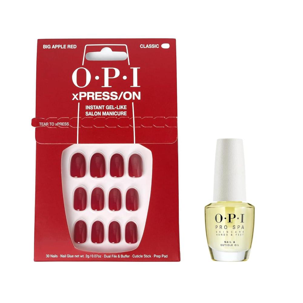 imageBundle of OPI xPressOn Press On Nails With Nail Glue Short Red Nails Big Apple Red  OPI ProSpa Nail and Cuticle Oil 05 fl oz
