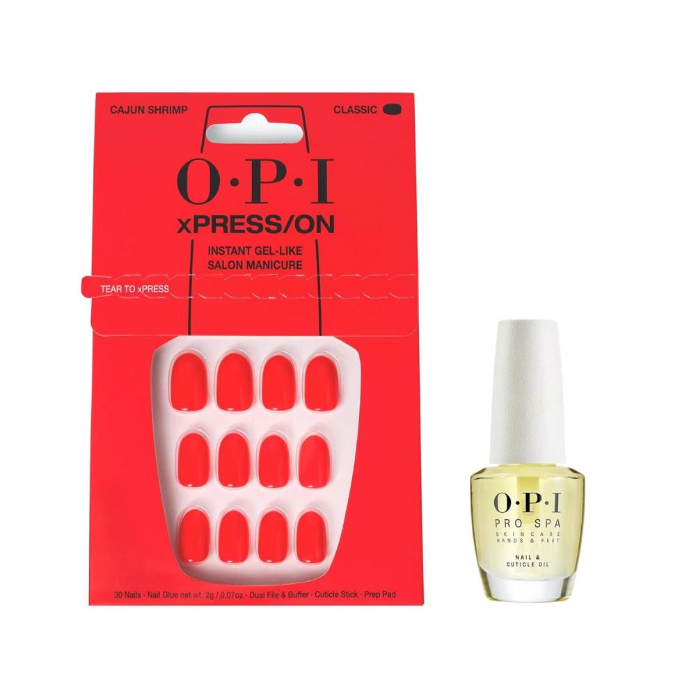 imageBundle of OPI xPressOn Press On Nails With Nail Glue Short Red Nails Cajun Shrimp  OPI ProSpa Nail and Cuticle Oil 05 fl oz