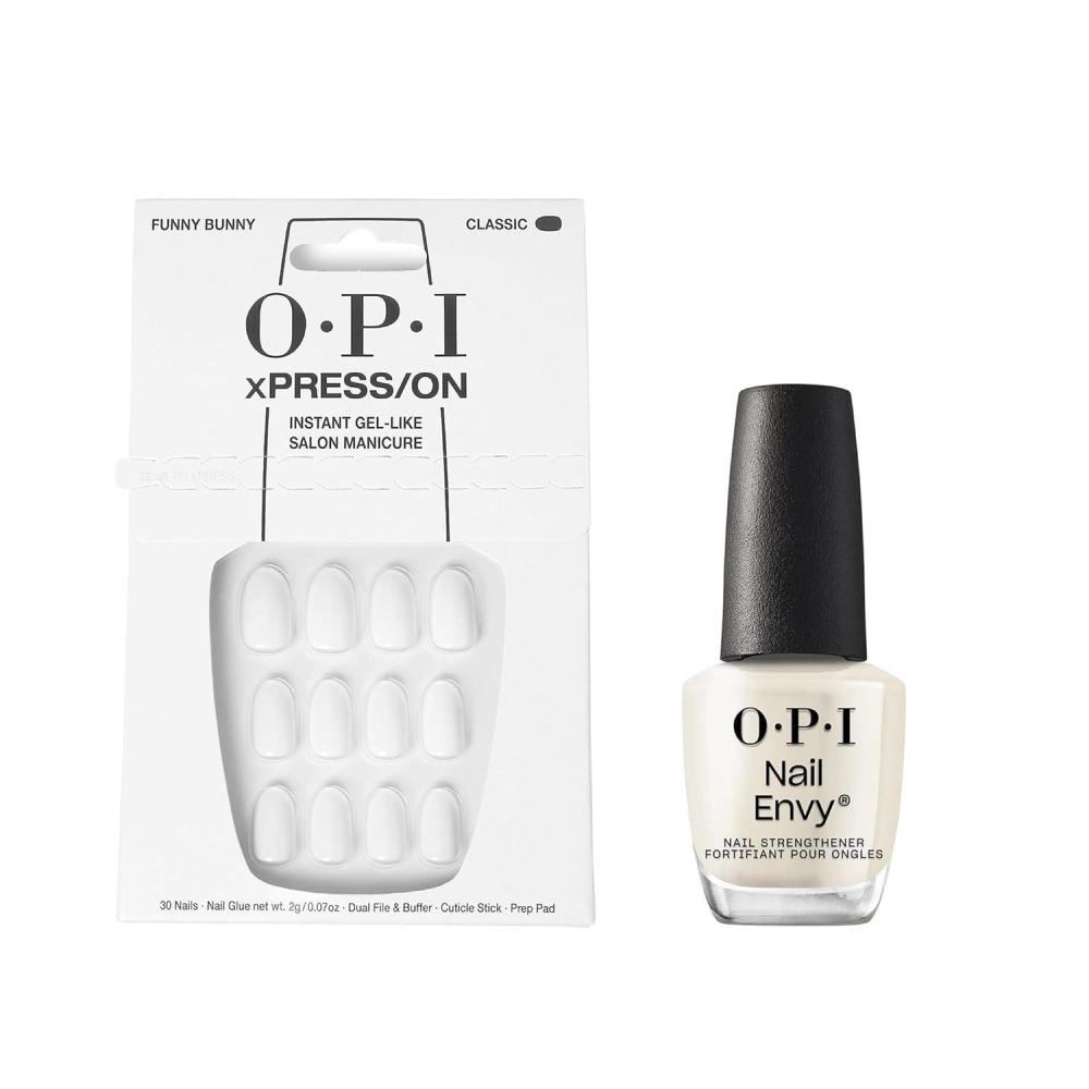 imageBundle of OPI xPressOn Press On Nails With Nail Glue Short White Nails Funny Bunny  OPI Nail Envy Nail Strengthening Treatment Stronger Nails in 1 Week Vegan Formula 05 fl oz