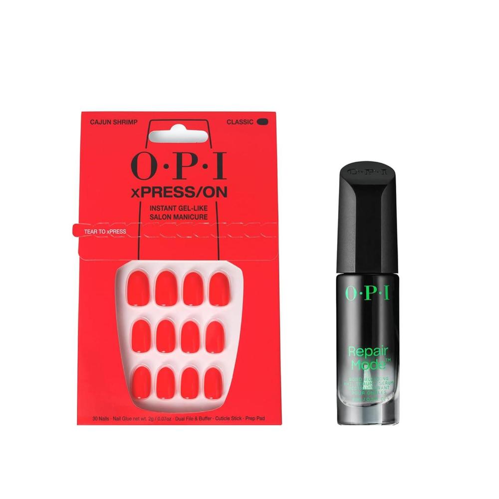 imageBundle of OPI xPressOn Press On NailsWith Nail Glue Short Red Nails Cajun Shrimp  OPI Repair Mode Bond Building Nail Serum Clear 03 fl oz