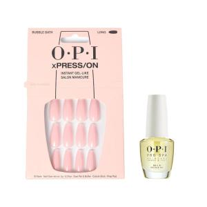 Bundle of OPI xPress/On Press On Nails, With Nail Glue, Long Neutral Coffin Shape Nails, Bubble Bath + OPI ProSpa Nail and Cuticle Oil, 0.5 fl oz