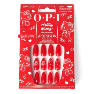 OPI xPRESS/ON Press on Nails | Long Almond Shape Nail Art | 30 Count With Glue | Instant Gel-Like Salon Manicure | Hello Kitty Limited Edition Collection(Bow-tiful)