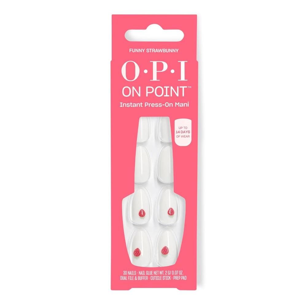 imageOPI On Point Funny Strawbunny Short Almond SemiSheer Soft White Nail Art Press On Nails 30 Count with Glue Long Lasting Reusable Nondamaging Spring 2026