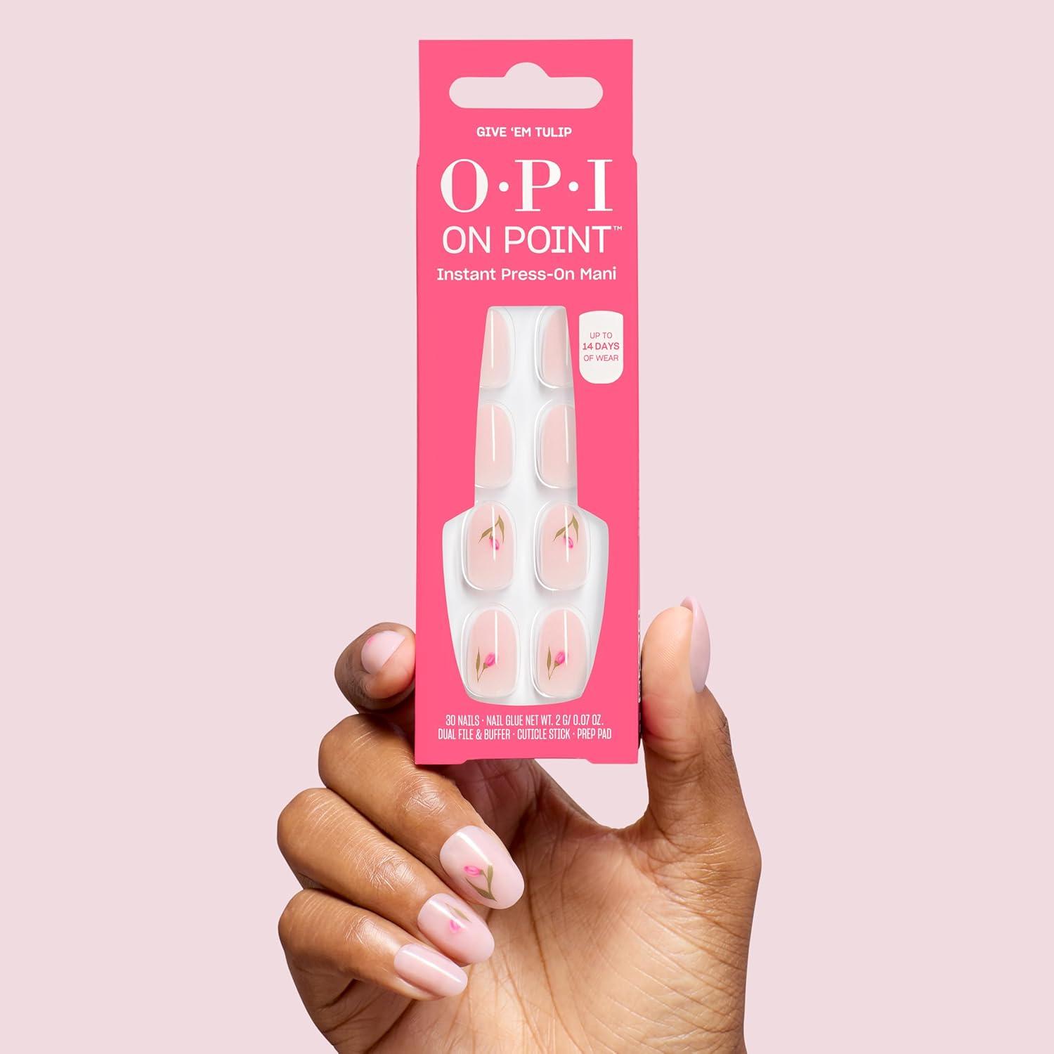 imageOPI On Point Give Em Tulip Short Round Opaque Neutral Floral Nail Art Press On Nails 30 Count with Glue Long Lasting Reusable Nondamaging Spring 2026