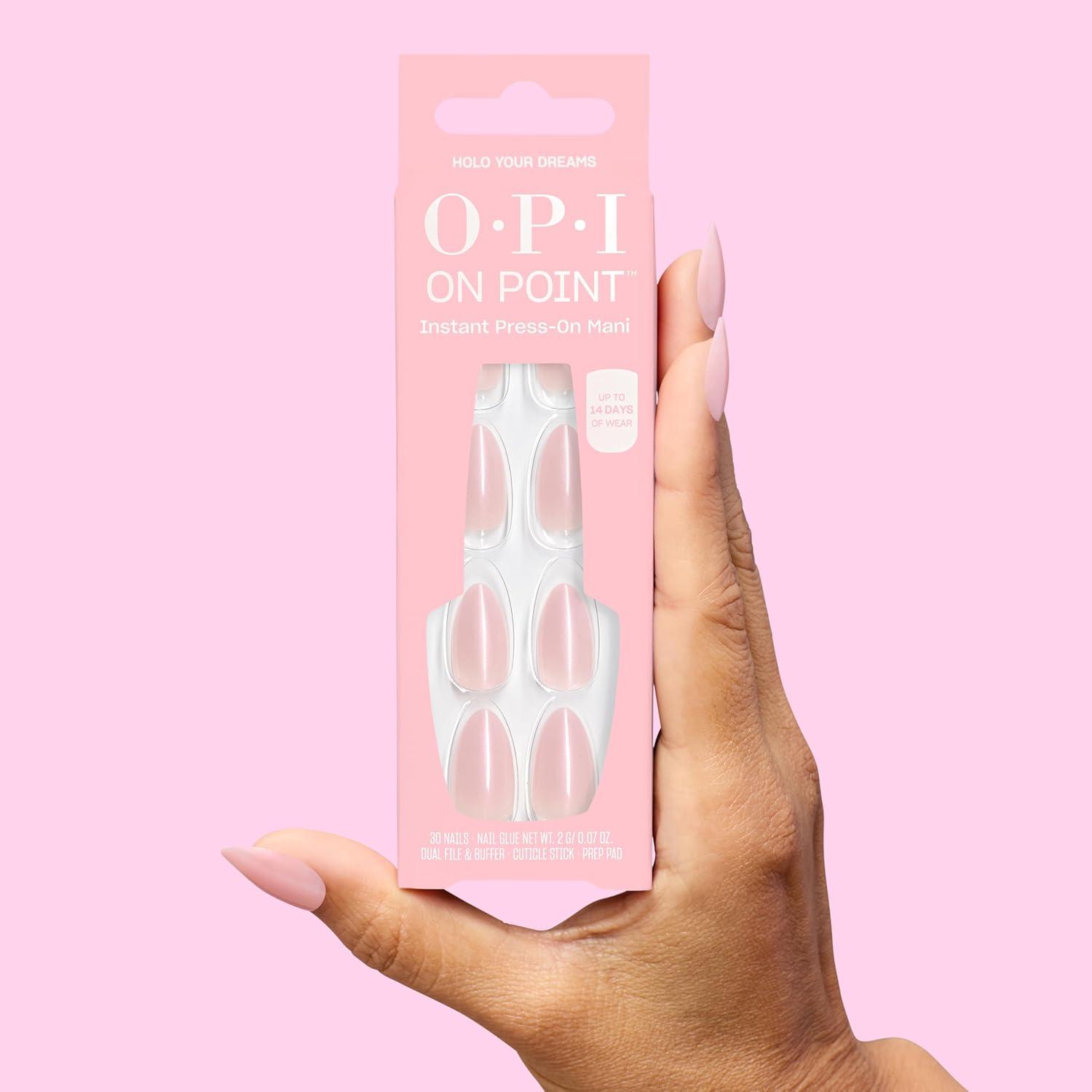 imageOPI On Point Holo Your Dreams Short Almond Opaque Neutral Holographic Press On Nails 30 Count with Glue Long Lasting Reusable Nondamaging Spring 2026