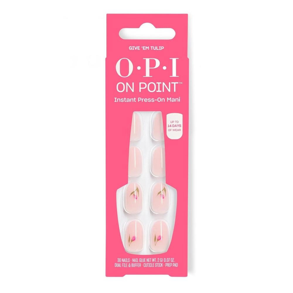 imageOPI On Point Give Em Tulip Short Round Opaque Neutral Floral Nail Art Press On Nails 30 Count with Glue Long Lasting Reusable Nondamaging Spring 2026