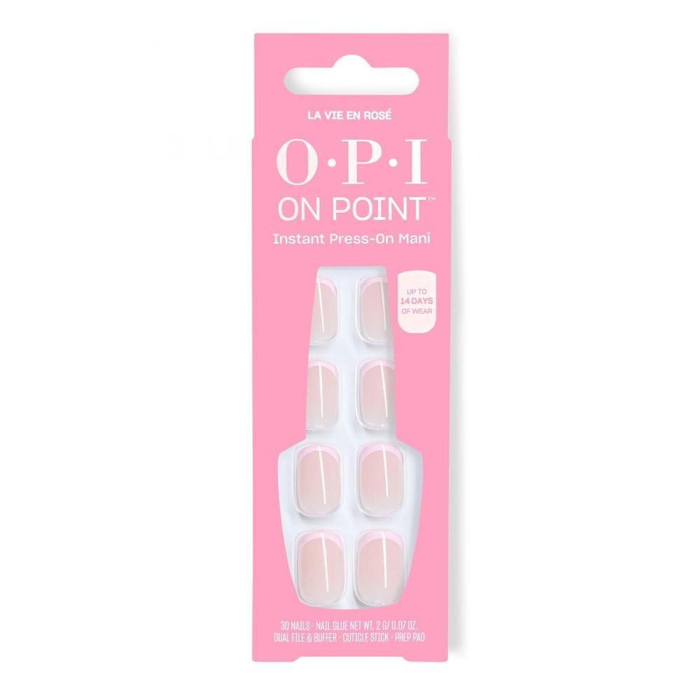 imageOPI On Point La Vie en Ros Short Squoval Opaque Neutral Pink French Tip Nail Art Press On Nails 30 Count with Glue Long Lasting Reusable Nondamaging Spring 2026 Shades