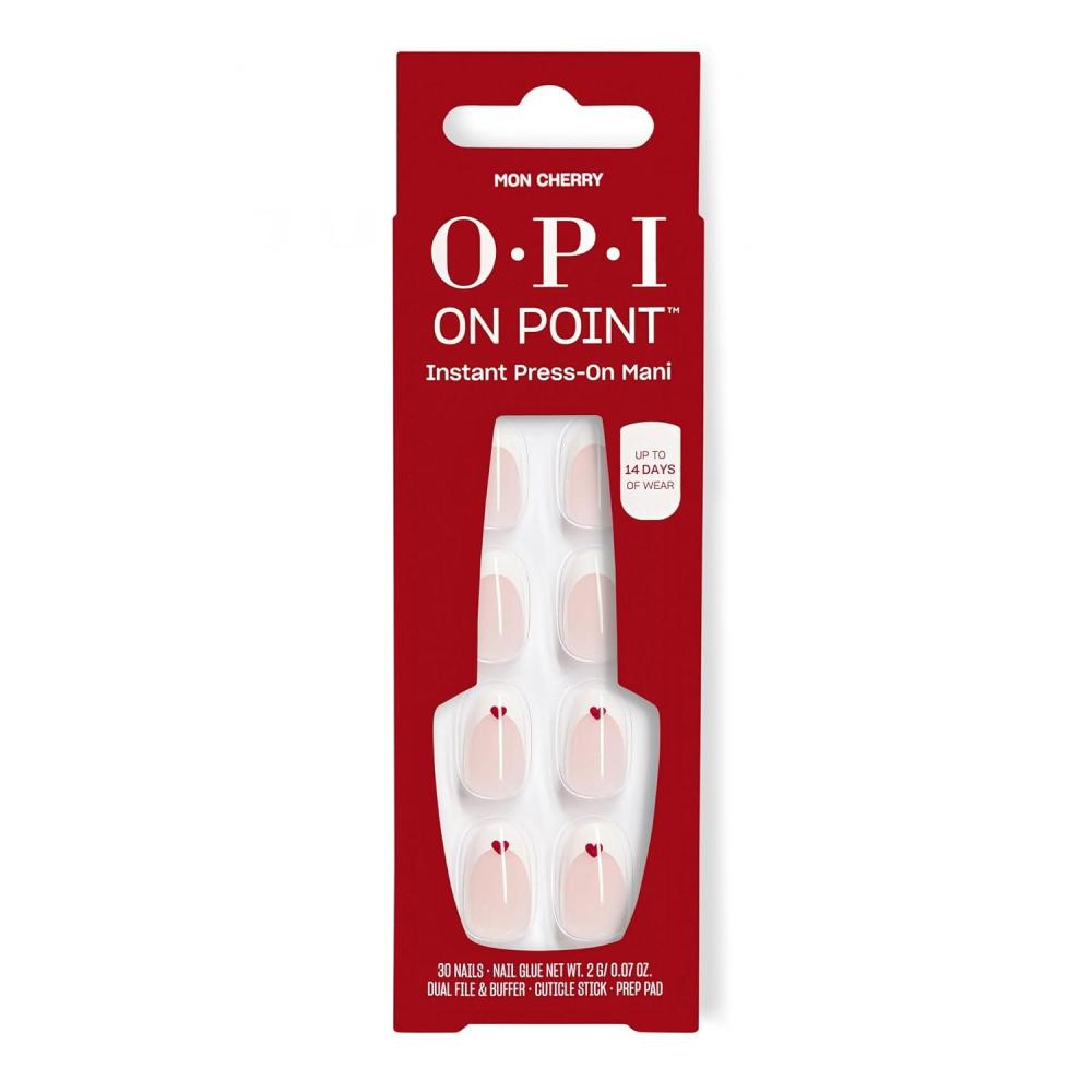 imageOPI On Point Mon Cherry  Short Round Opaque White French Tip with Red Hearts Nail Art Press On Nails  30 Count with Glue  Long Lasting Reusable Nondamaging  Spring 2026 Shades