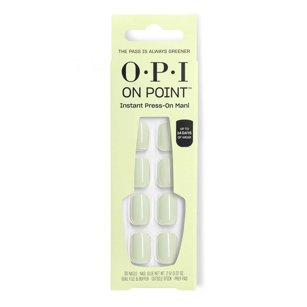 imageOPI On Point The Pass is Always Greener  Short Squoval Opaque Bright Green Press On Nails  30 Count with Glue  Long Lasting Reusable Nondamaging  Spring 2026 Shades