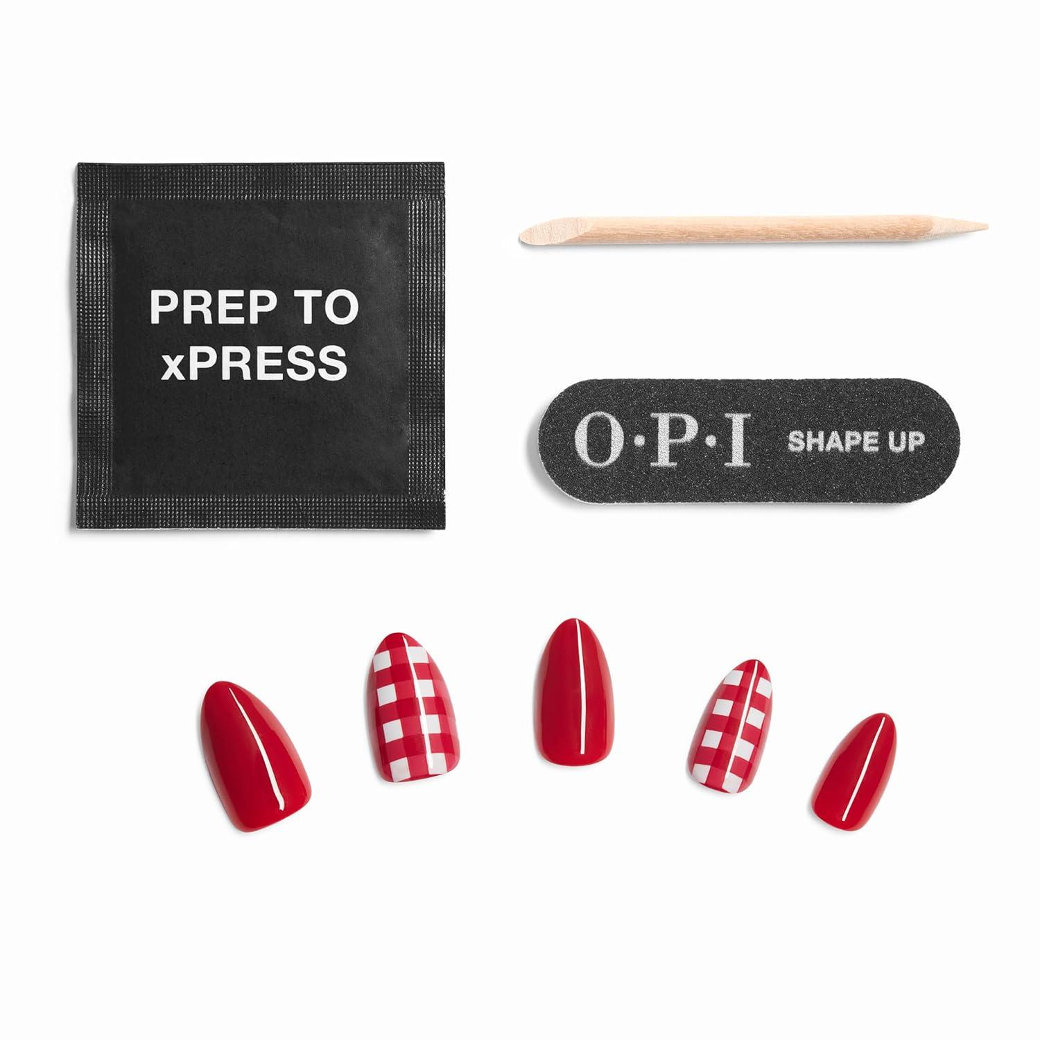 imageOPI Sticking Point Instant No Glue Press On Nails 30 Count with Adhesive Tabs Short Round Almond and Squoval DamageFree Wear Spring 2026Big Apple Pie Opaque Bold Red with White Gingham