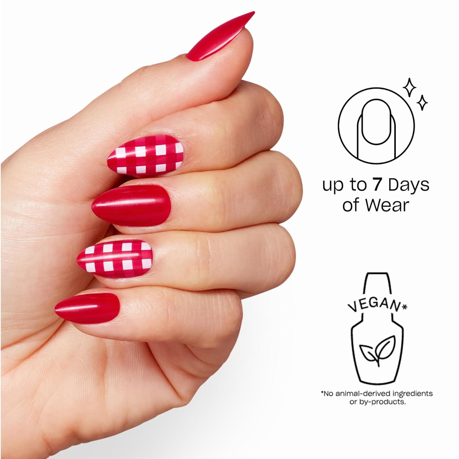 imageOPI Sticking Point Instant No Glue Press On Nails 30 Count with Adhesive Tabs Short Round Almond and Squoval DamageFree Wear Spring 2026Big Apple Pie Opaque Bold Red with White Gingham