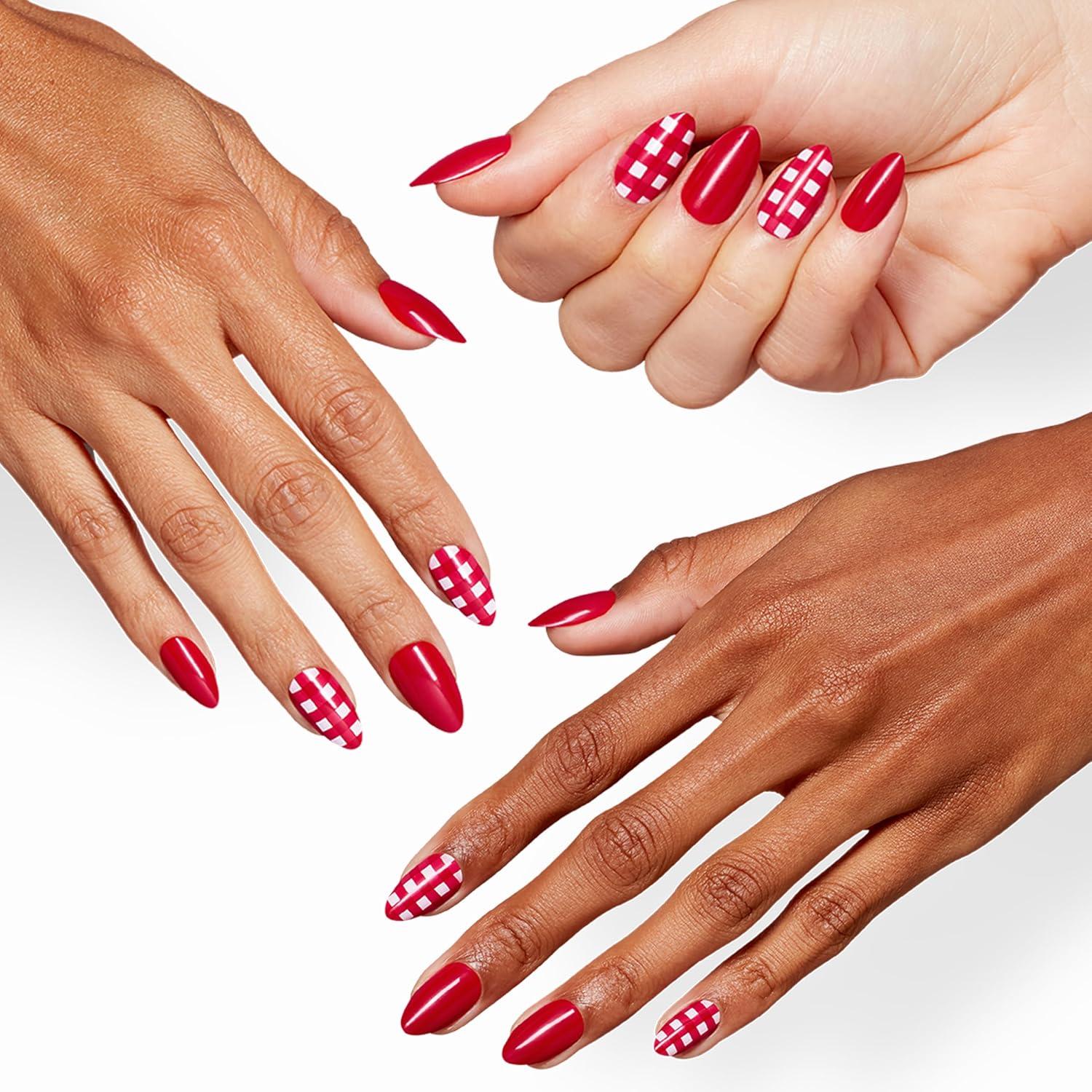 imageOPI Sticking Point Instant No Glue Press On Nails 30 Count with Adhesive Tabs Short Round Almond and Squoval DamageFree Wear Spring 2026Big Apple Pie Opaque Bold Red with White Gingham