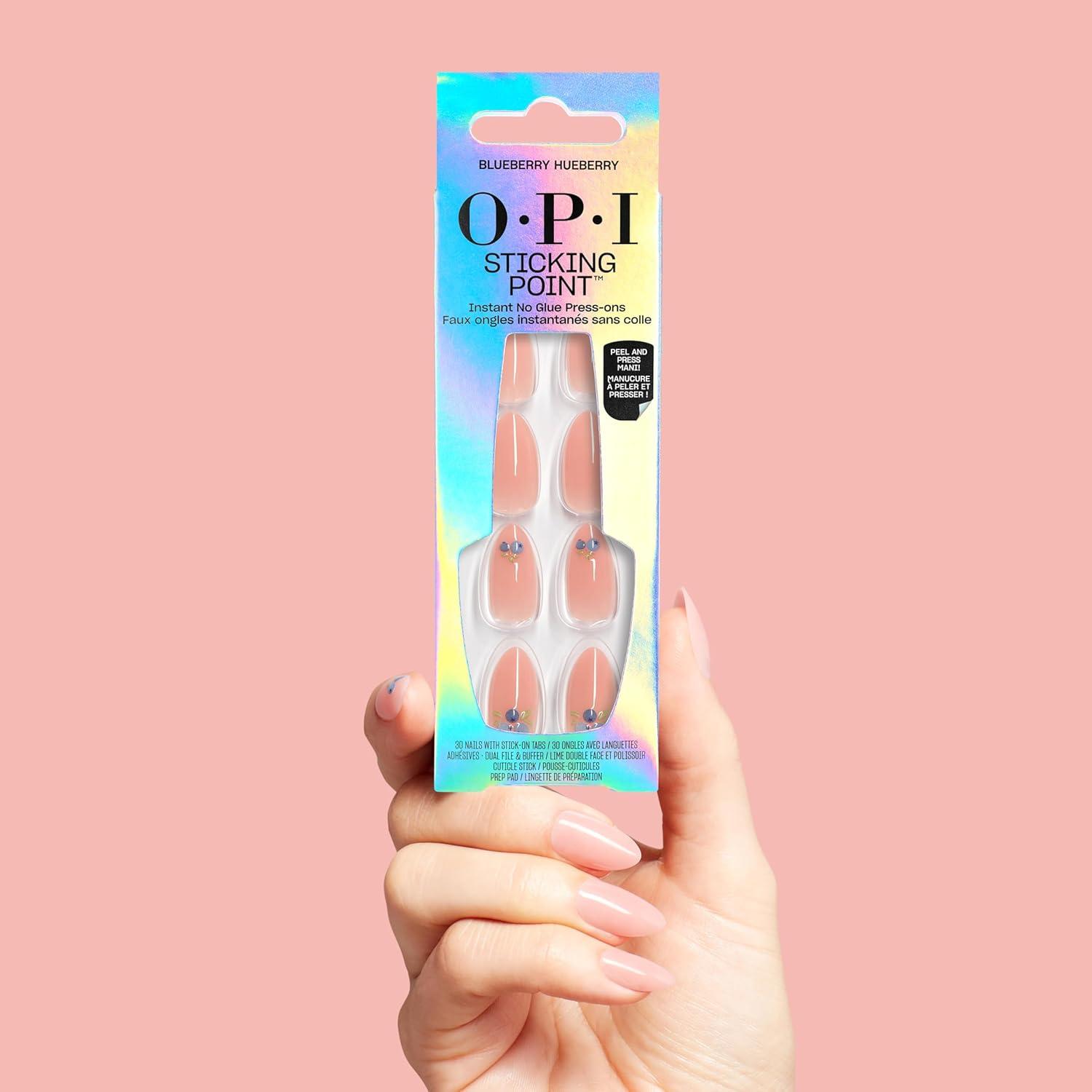 imageOPI Sticking Point Instant No Glue Press On Nails 30 Count with Adhesive Tabs Short Round Almond and Squoval DamageFree Wear Spring 2026Blueberry Hueberry SemiSheer Neutral Peach