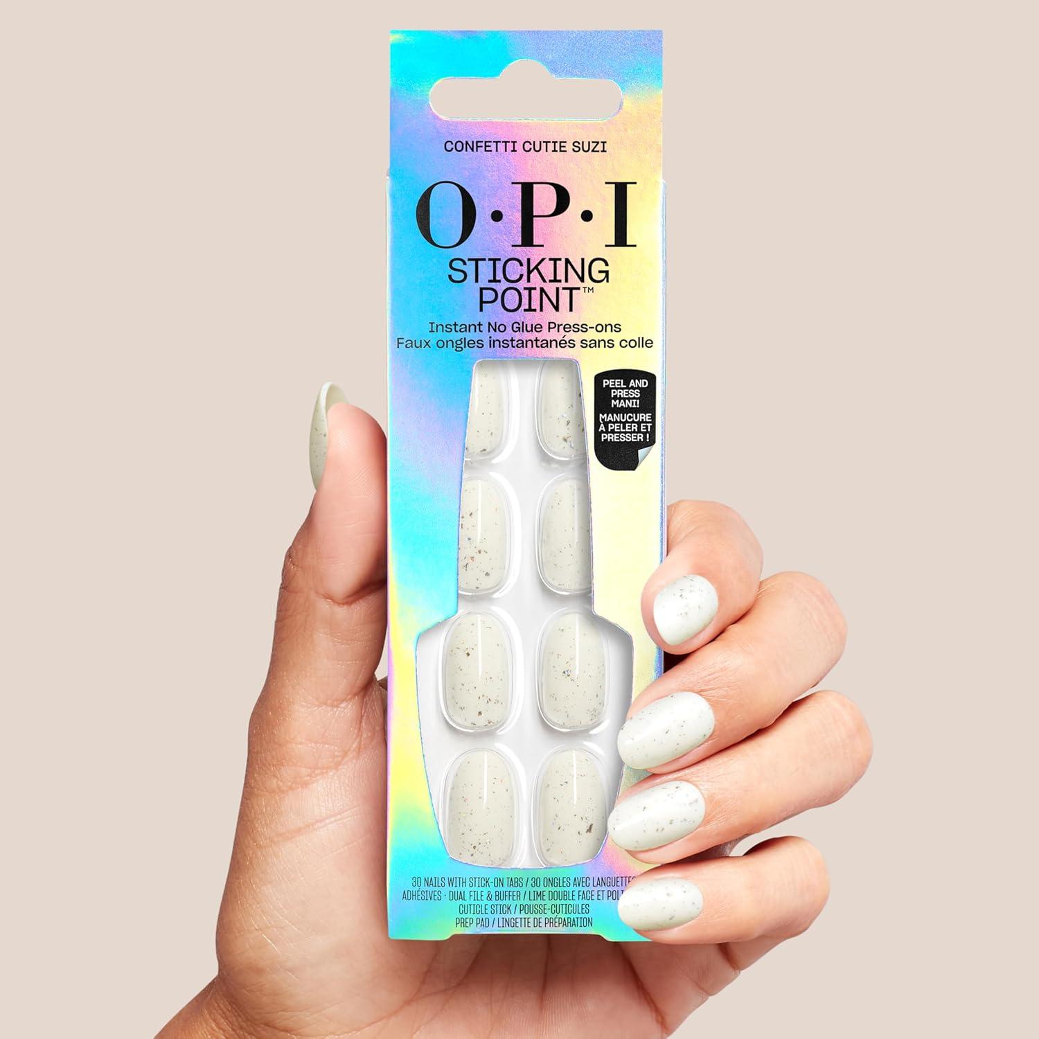 imageOPI Sticking Point Instant No Glue Press On Nails 30 Count with Adhesive Tabs Short Round Almond and Squoval DamageFree Wear Spring 2026Confetti Cutie Suzi SemiSheer Soft White Shimmer