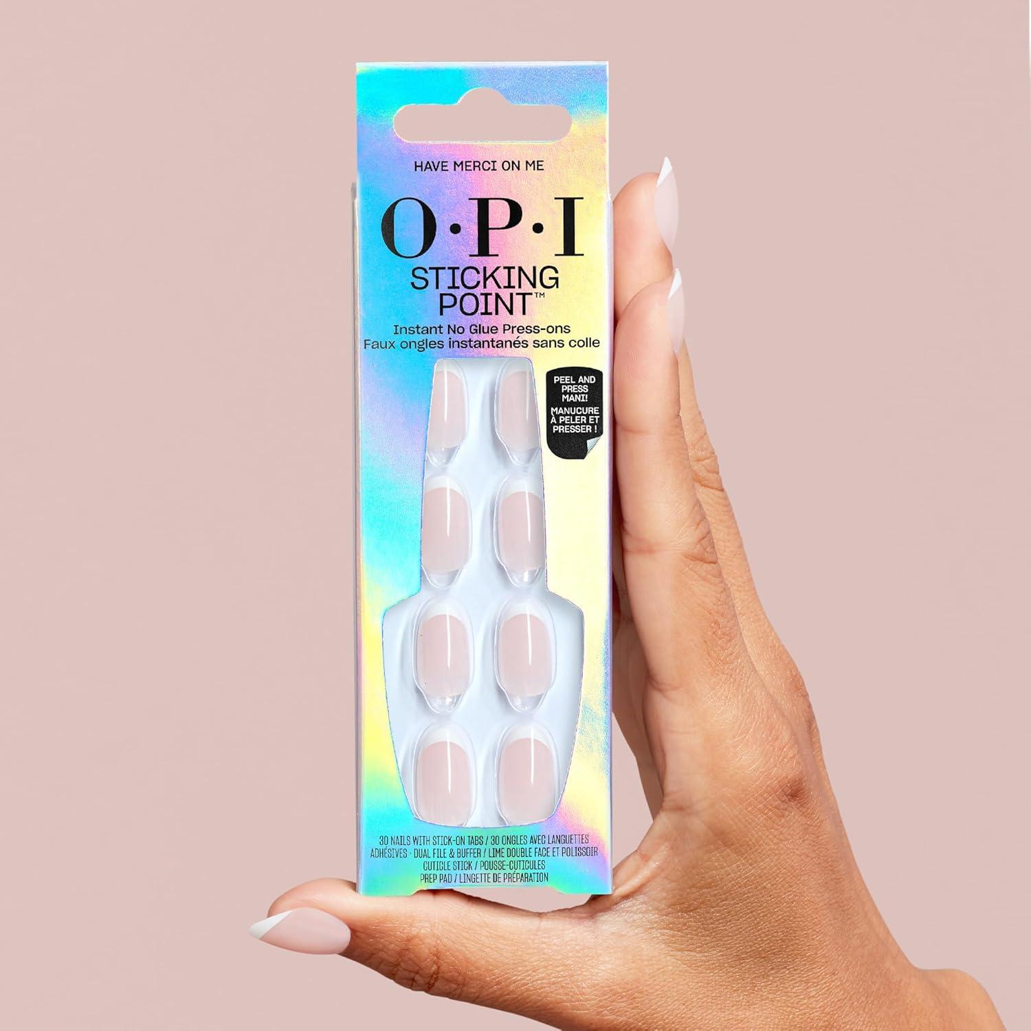 imageOPI Sticking Point Instant No Glue Press On Nails 30 Count with Adhesive Tabs Short Round Almond and Squoval DamageFree Wear Spring 2026Merci on Me Opaque Neutral Pink French Tip