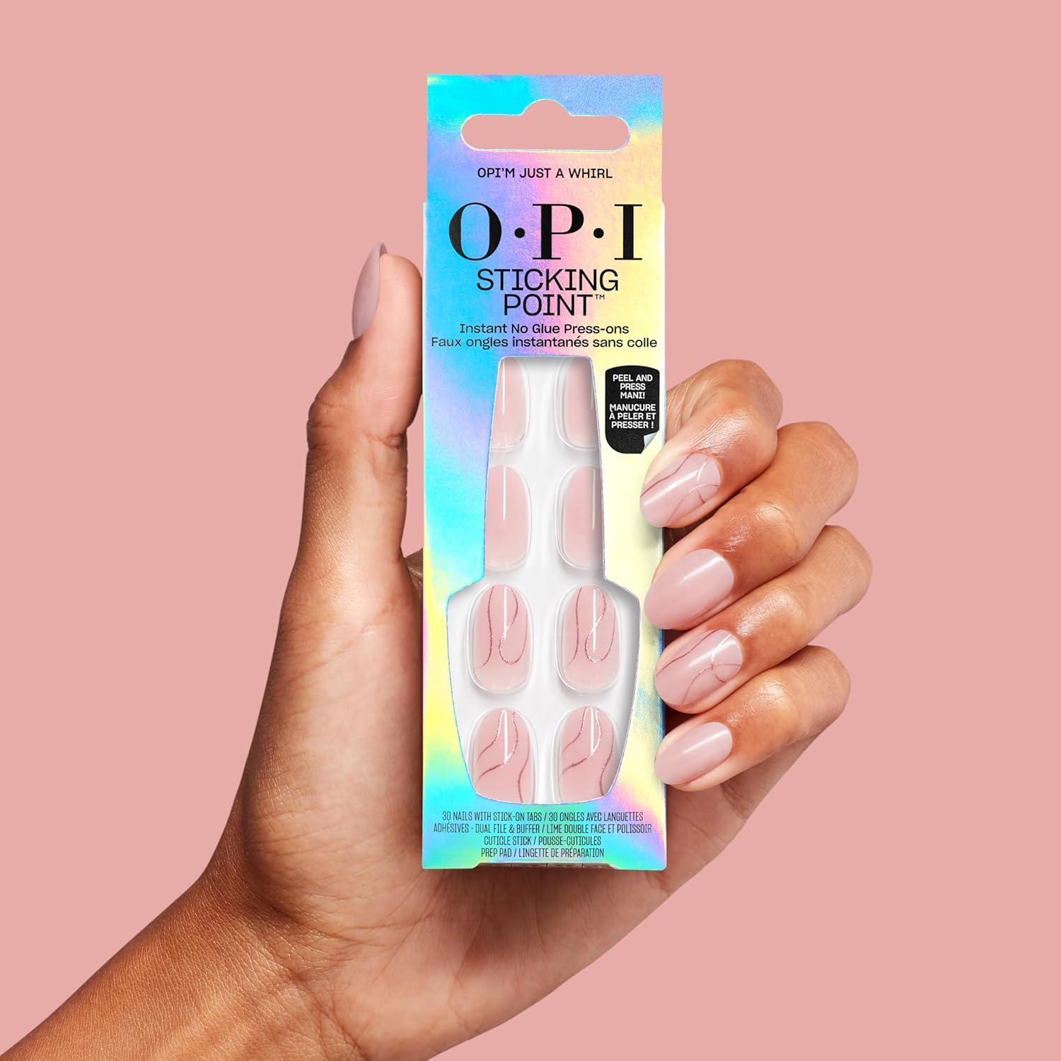 imageOPI Sticking Point Instant No Glue Press On Nails 30 Count with Adhesive Tabs Short Round Almond and Squoval DamageFree Wear Spring 2026OPIm Just a Whirl SemiSheer Warm Pink with Gold Glitter Swirls