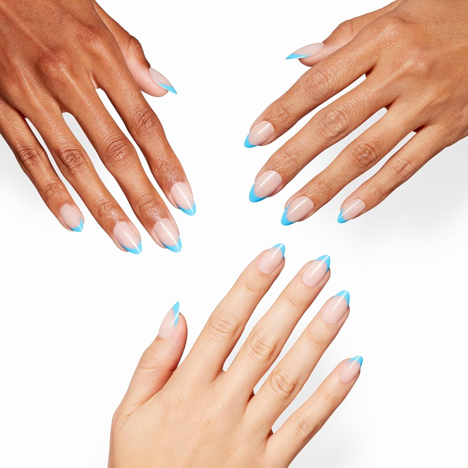 imageOPI Sticking Point Instant No Glue Press On Nails 30 Count with Adhesive Tabs Short Round Almond and Squoval DamageFree Wear Spring 2026Parlez Blue Francais Opaque Neutral with Blue French Tip