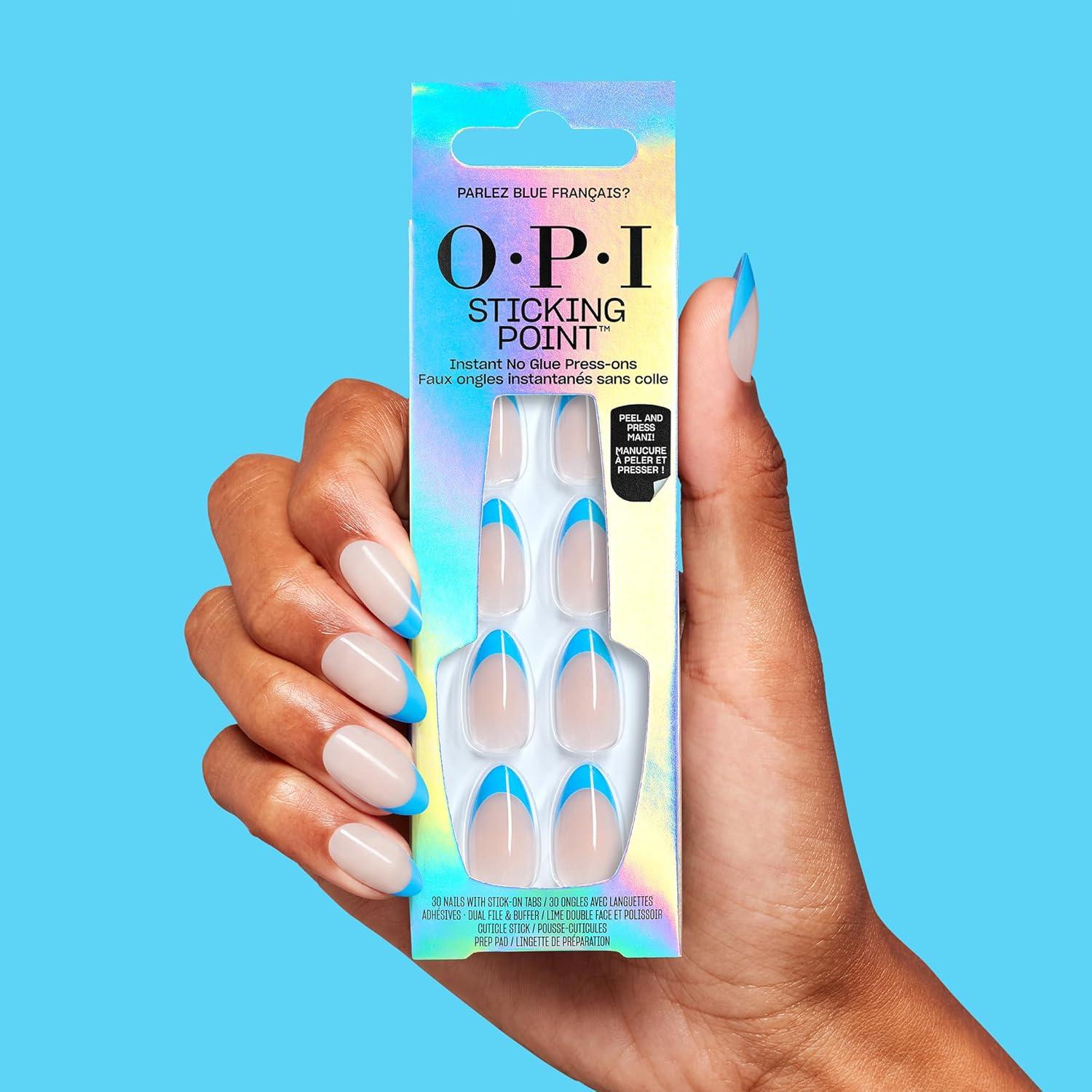 imageOPI Sticking Point Instant No Glue Press On Nails 30 Count with Adhesive Tabs Short Round Almond and Squoval DamageFree Wear Spring 2026Parlez Blue Francais Opaque Neutral with Blue French Tip