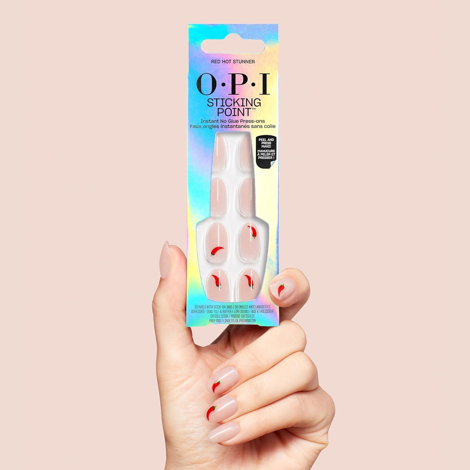 imageOPI Sticking Point Instant No Glue Press On Nails 30 Count with Adhesive Tabs Short Round Almond and Squoval DamageFree Wear Spring 2026Red Hot Stunner Opaque Warm Neutral with Chili Pepper