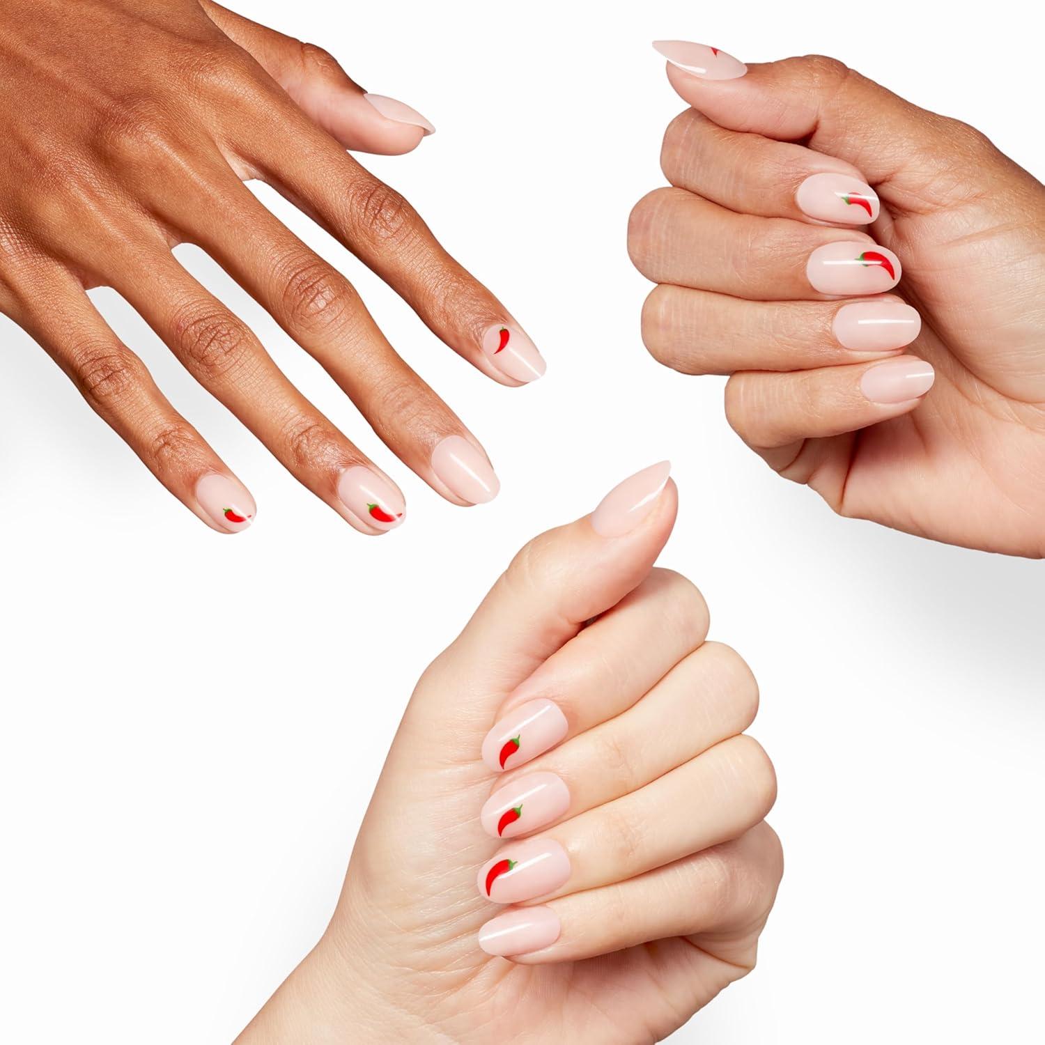 imageOPI Sticking Point Instant No Glue Press On Nails 30 Count with Adhesive Tabs Short Round Almond and Squoval DamageFree Wear Spring 2026Red Hot Stunner Opaque Warm Neutral with Chili Pepper