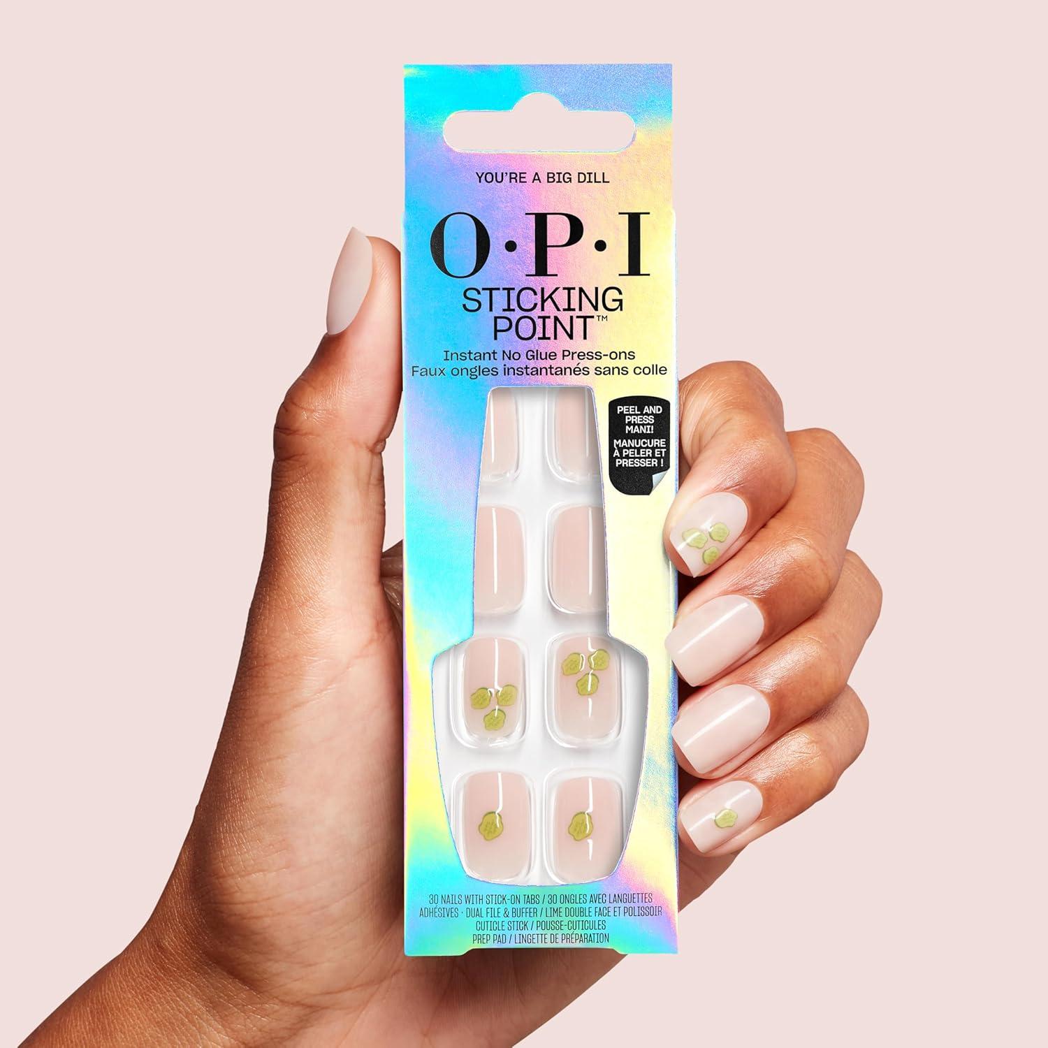 imageOPI Sticking Point Instant No Glue Press On Nails 30 Count with Adhesive Tabs Short Round Almond and Squoval DamageFree Wear Spring 2026Youre a Big Dill Opaque Warm Beige