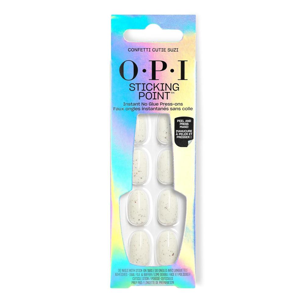 imageOPI Sticking Point Instant No Glue Press On Nails 30 Count with Adhesive Tabs Short Round Almond and Squoval DamageFree Wear Spring 2026Confetti Cutie Suzi SemiSheer Soft White Shimmer